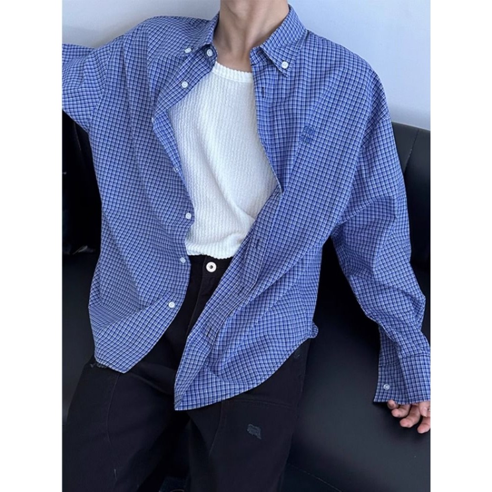 ใหม่ American Retro Lazy Loose All-Match เสื้อเชิ้ตแขนยาวลายสก๊อตลําลอง