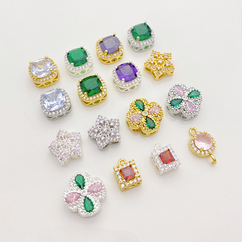 18k Gold-Packed สี Retention ฝัง Zirconium ดอกพีช Four-Leaf Clover Star Spacer สร้อยข้อมือลูกปัดสร้อยคอจี้ขนาดเล็กเครื่องประดับทําด้วยมือ DIY อุปกรณ์เสริม