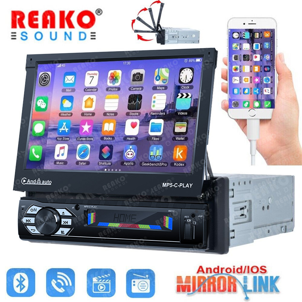 Reakosound 1Din รถวิทยุ CarPlay Auto GPS Navi IPS หน้าจอแบบพับเก็บได้ Android เครื่องเล่นมัลติมีเดีย