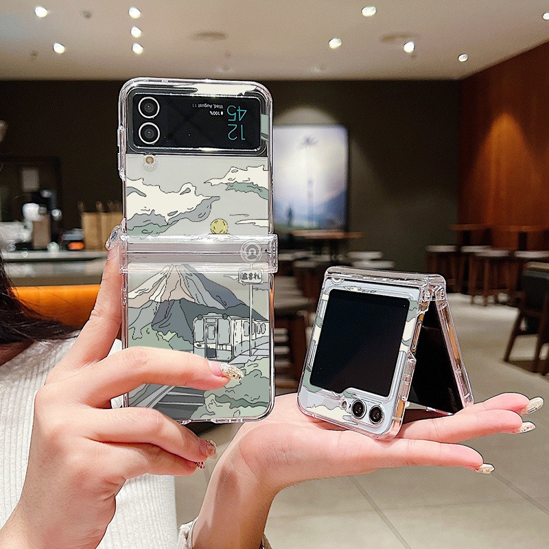 หรูหรา Fuji Mountain Train เคสโทรศัพท์ใสสําหรับ Samsung Galaxy Z Flip5 ZFlip4 Z Flip6 ZFlip3