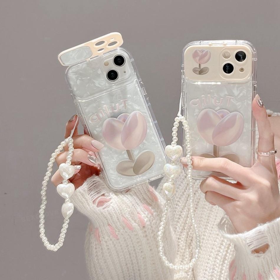 Glitter Tulip Flip Mirrorสร้อยข้อมือเคสโทรศัพท์สําหรับIPhone 16 14 11 12 13 15 Pro MAX X XR 13Pro XS MAX SE 2020 7 8 Plusกรณีแฟชั่นสายรัดข้อมือพวงกุญแจขาตั้งProtector Cover