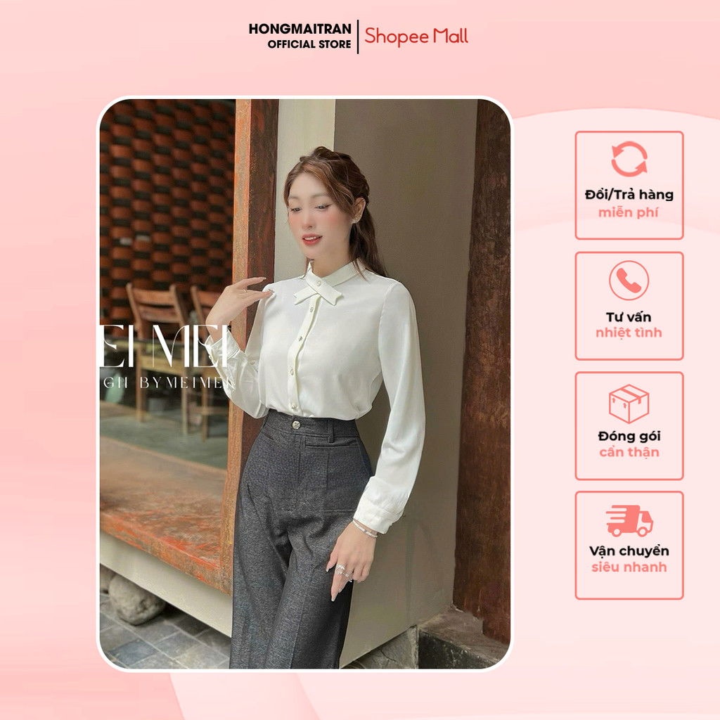 เสื้อเชิ้ตสีขาวสไตล์คอปกไขว้ นุ่ม เท่ วัสดุมะม่วงคุณภาพสูง Hong Mai Tran Store A15147