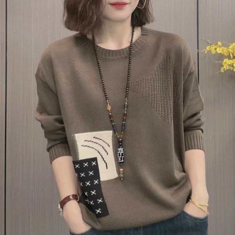 สไตล์ใหม่ขนาดใหญ่รอบคอ Contrast สีเสื้อถักผู้หญิง Jacquard Retro เสื้อกันหนาวหลวม Slimmer ดู Top