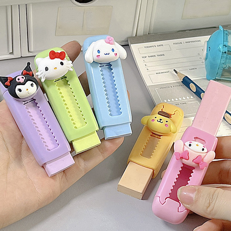 น่ารักอะนิเมะ Hello Kitty Push-Pull ยางลบ Kawaii การ์ตูน Sanrio Kuromi Cinnamoroll ยางลบของขวัญนักเรียนรางวัลเครื่องเขียนของขวัญ