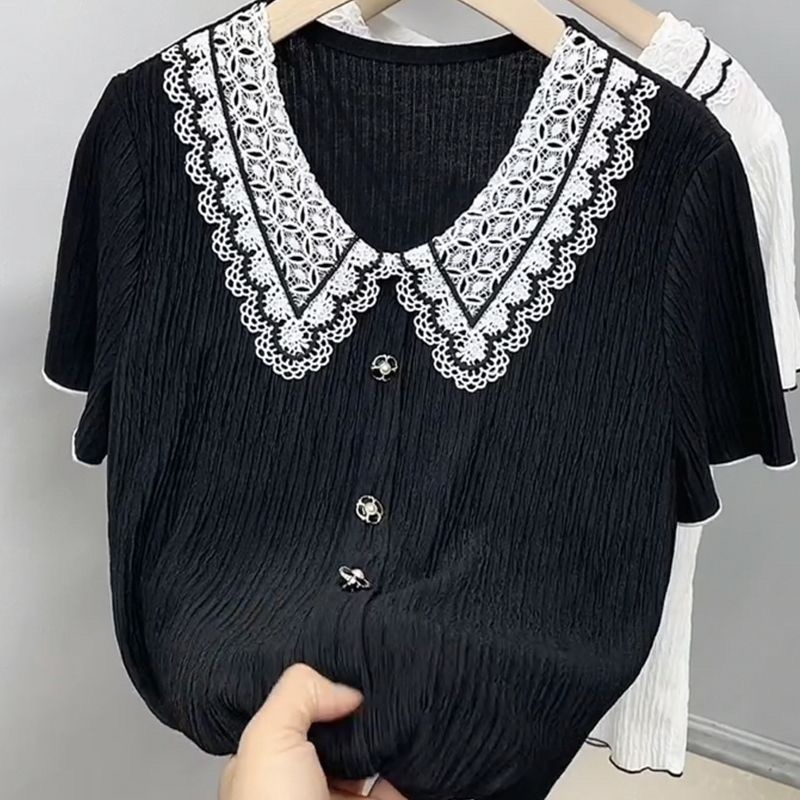 เสื้อยืดผ้าชีฟองลูกไม้แขนสั้นจีบฤดูร้อนสําหรับผู้หญิง