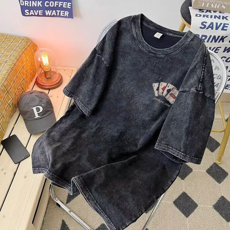 Qkoole เสื้อยืดฟอก oversize ผ้าคอตตอน100% เล่นไพ่ย้อนยุค L000065