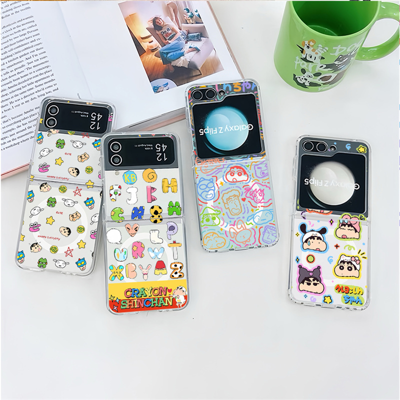 Samsung Z Flip 6 Crayon Shin-chan การ์ตูนตัวอักษรสั้นจังหวะ Headshots Hard กันกระแทกถุงลมนิรภัยแม่เหล็กสําหรับ Samsung Z Flip 5 4 3 Anti-Slip กันกระแทกฝาครอบโปร่งใส