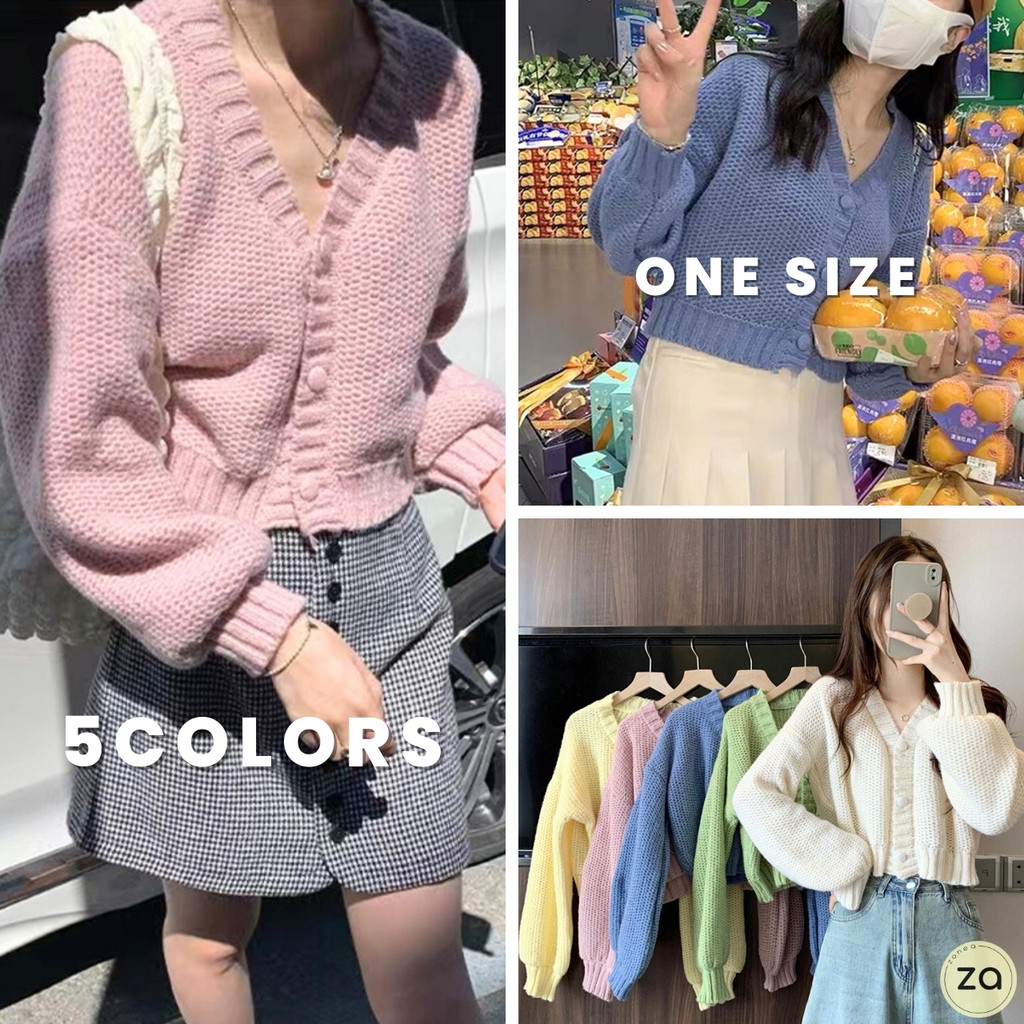 HOT SALE คาร์ดิแกนทรงตัวสั้น ไหมพรมถักคอวี กระดุมหน้า 5 สี แขนจั๊ม