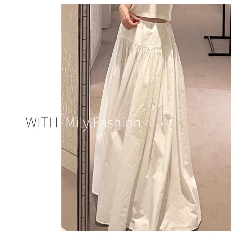 Milyfashion กระโปรงจีบสีขาวไซส์ใหญ่สำหรับสาวอวบกระโปรงยาวครึ่งตัวทรงเอเอวสูงใส่แล้วดูผอมเพรียวสำหรับฤดูใบไม้ร่วง