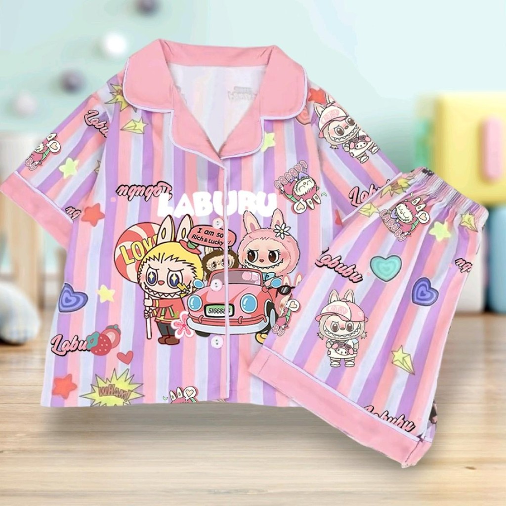 PINKชุดนอนเด็กแขนสั้นขาสั้น ลายน่ารักสีสดใส คอปก กระดุม ผ้าคอตตอนผสมฝ้าย รุ่น3692