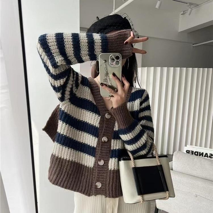 R225 lobilia คาร์ดิแกนไหมพรมผ้าทอฟูหนานุ่ม ลายทาง สไตล์เกาหลี