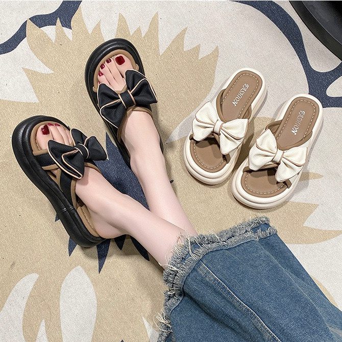 🍓EnJoy🍓 พร้อมส่ง (LT-2605)  รองเท้าแตะแบบสวม ดีเทลโบว์ สไตล์เกาหลี น่ารักๆ นุ่มนิ่มใส่สบาย - รูปที่ 2