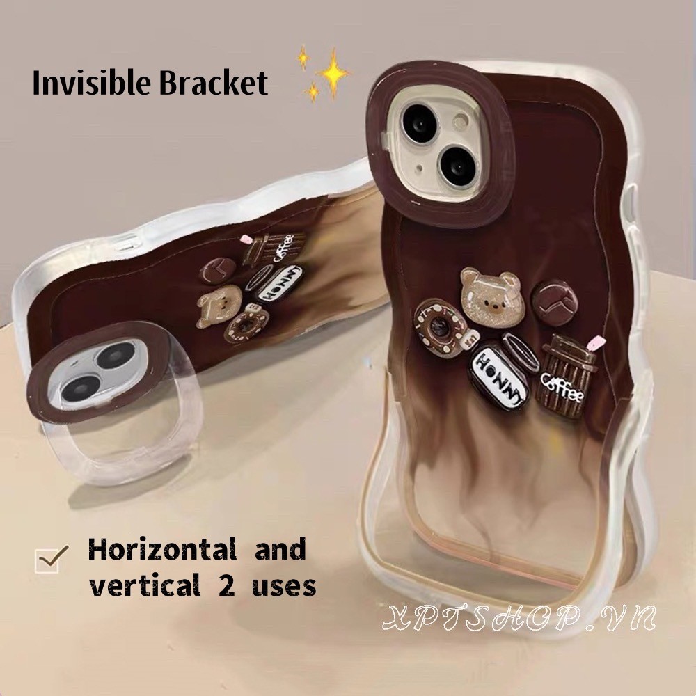 กาแฟหมีเชือกเส้นเล็กwaves Bidirectional Stealth Bracketเคสโทรศัพท์สําหรับiPhone 16ProMax 16Pro 16Plus 15ProMax 14 13 12 11ProMaxคลุมทั้งหมดกันกระแทกป้องกันปลอก