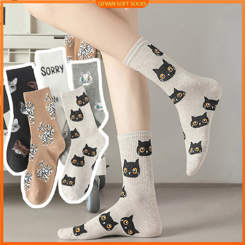 แฟชั่นการ์ตูนแมวถุงเท้าผู้หญิงฮิปฮอปแนวโน้ม น่ารัก สีสันสุภาพสตรีถุงเท้าผ้าฝ้าย