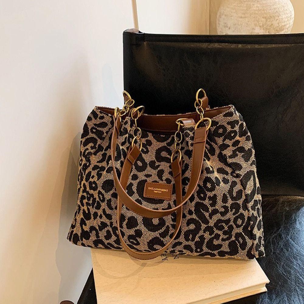 Easts Tote Bag กระเป๋าสะพายผ้าแคนวาสลายเสือดาว กระเป๋าใต้วงแขนความจุขนาดใหญ่แบบลําลอง ผู้หญิง