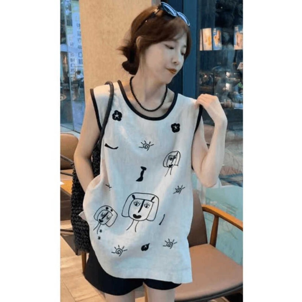 เสื้อกล้ามไซส์ใหญ่ เสื้อกล้ามทรงหลวมคอกลมสไตล์เกาหลีสําหรับผู้หญิง