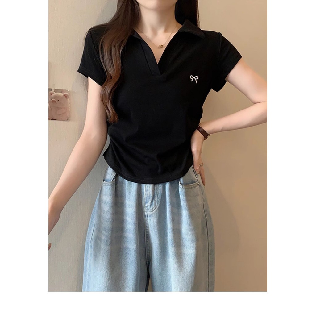 โบว์เย็บปักถักร้อยเสื้อโปโลสําหรับผู้หญิงแขนสั้นเกาหลีสลิมเสื้อลําลองสี่สีที่มีอยู่ - รูปที่ 7