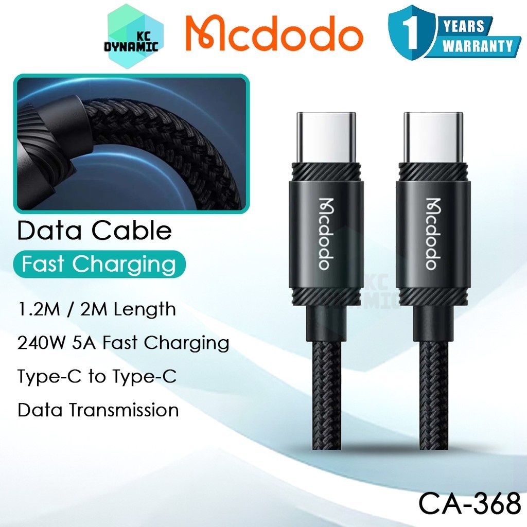 Mcdodo CA-368 Data Cable 240W Fast Charging Cable 240W Cable 1.2M ความยาว Type-C Cable Mcdodo CA-368