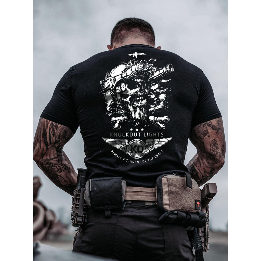 เสื้อยืดแขนสั้นพิมพ์ลายยุทธวิธีย้อนยุคสไตล์อเมริกันสำหรับผู้ชาย ไซส์ใหญ่ ผ้าฝ้ายแท้