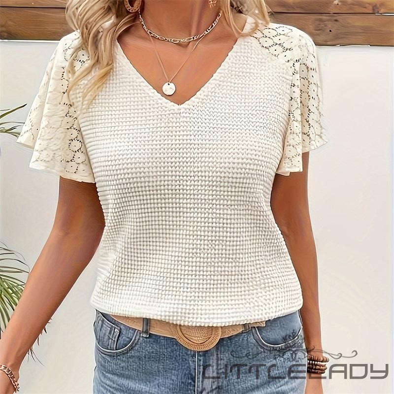 LTL-เสื้อยืดปาร์ตี้ถักแขนกุดลูกไม้ฤดูร้อนของผู้หญิงคอ V ลึกอินเทรนด์