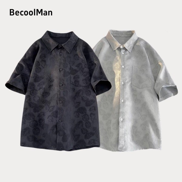 💥BecoolMan💥เสื้อเชิ้ตผ้าไหมน้ำแข็งสไตล์จีน   มีสไตล์   เสื้อคอปกผู้ชาย  ผ้าระบายอากาศ  ลำลองแมทช์ลุคง่าย