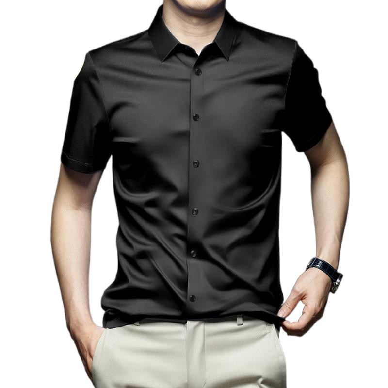 ชุดเสื้อผ้าผู้ชายสำหรับฤดูร้อน 2025 ทำจากผ้าไหมน้ำแข็ง แขนสั้น ไม่มีริ้วรอย สวมใส่ง่ายและป้องกันแบคทีเรีย