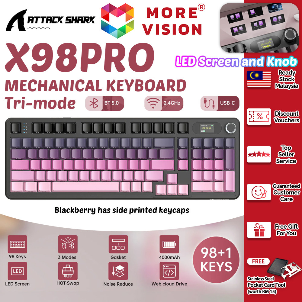 ATTACK SHARK X98Pro คีย์บอร์ดเกมกลไร้สาย Tri-mode Bluetooth USB RGB ไฟ LED หน้าจอสี Hot-Swap