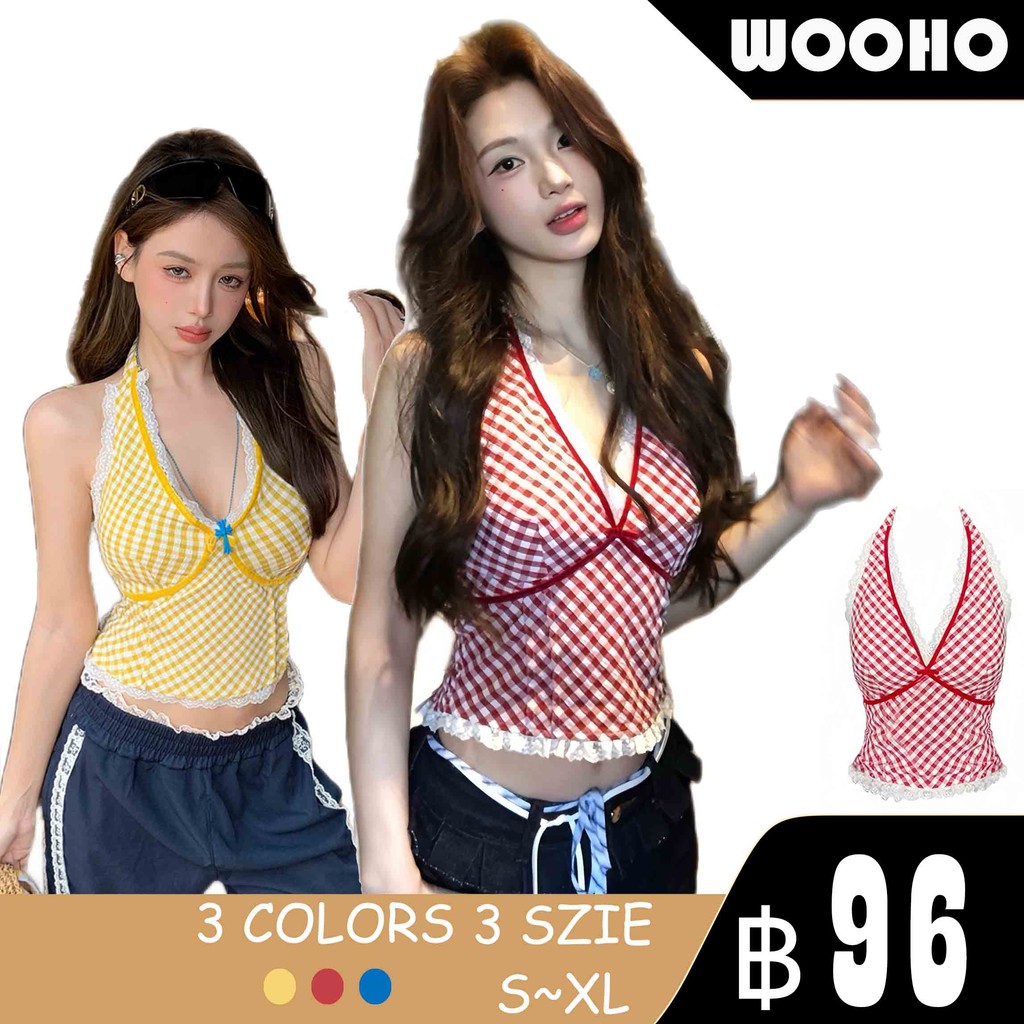 WOOHO.เสื้อคล้องคอ ลายสก็อต สปริง/ฤดูร้อน เสื้อกล้ามผู้หญิงสีเรียบ แขนกุด ง่ายๆ, สำหรับใส่ในชีวิตประจำวัน เสื้อ