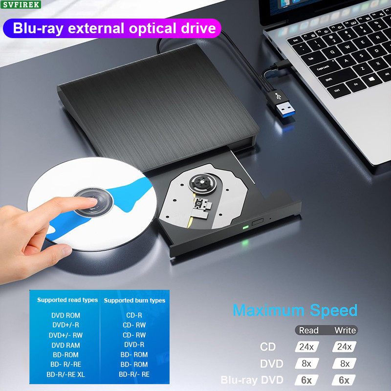 Blu-ray ไดรฟ์ภายนอก CD DVD Burner ภายนอก Blu-ray เครื่องเล่น USB 3.0 Type-C BD/CD/DVD Reader/Writer