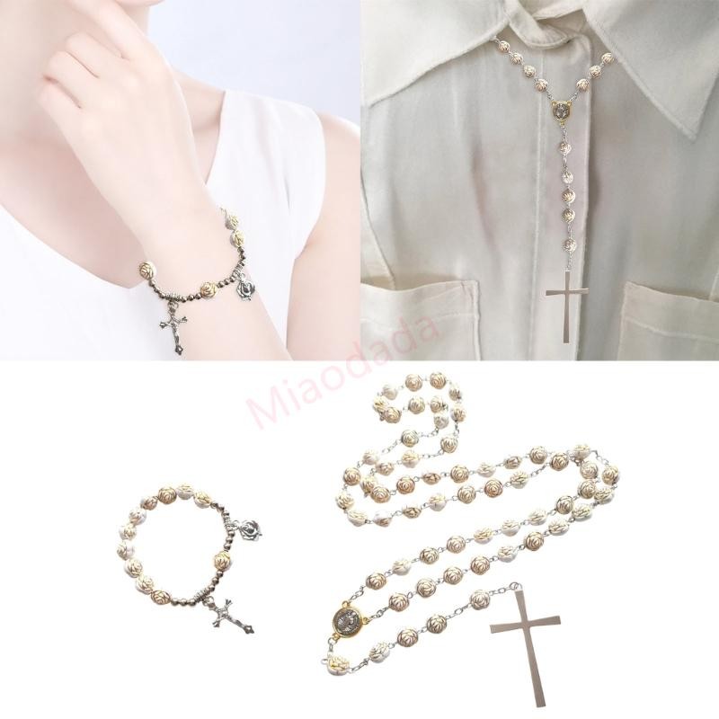 MDD ลูกปัดสร้อยคอลูกประคําพร้อมจี้ไม้กางเขนลูกปัดสร้อยข้อมือลูกประคําเครื่องประดับศาสนา
