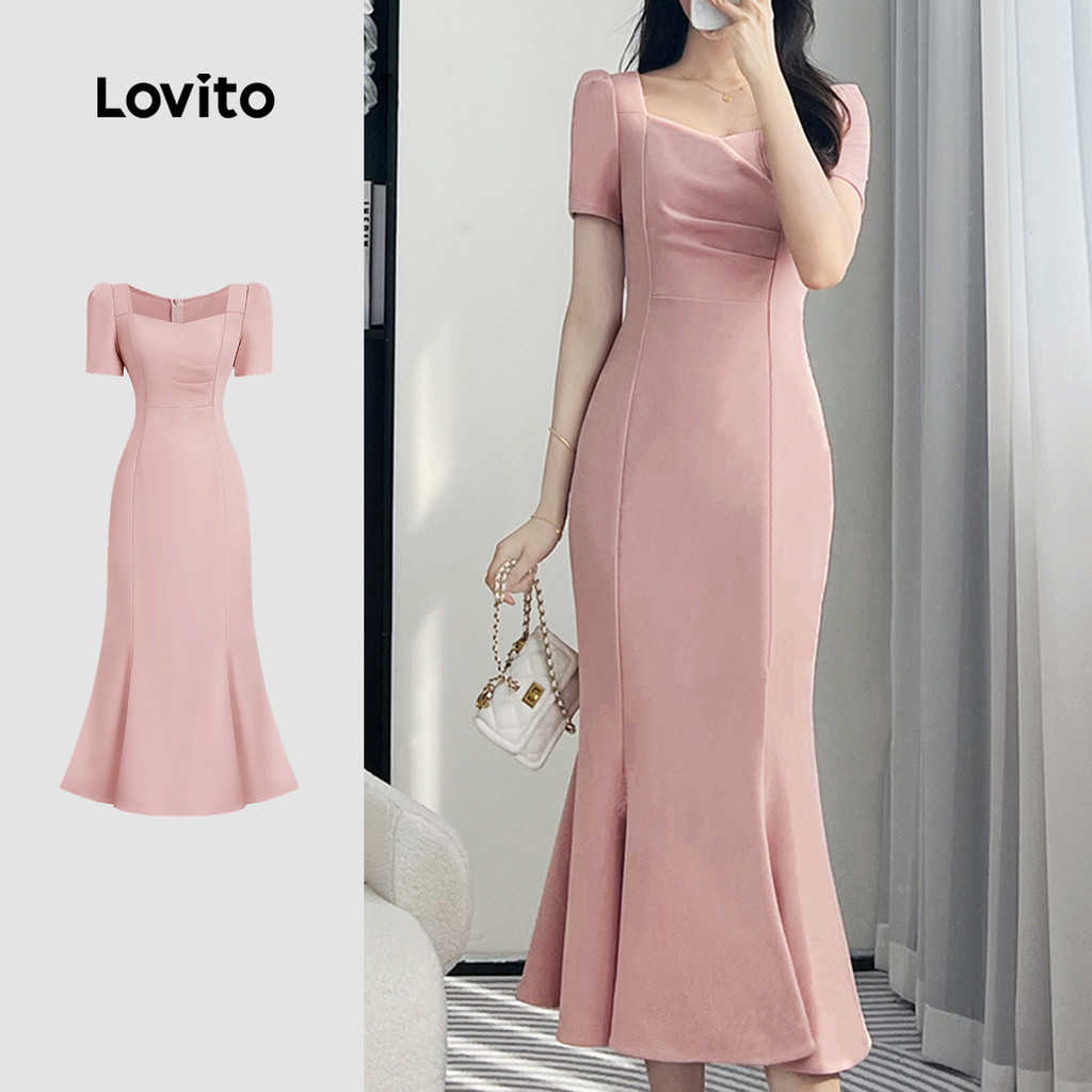 B132-MAY25-B-5-เดรสแฟชั่นผู้หญิงคอปกพับเอวทรงเข้ารูปแบบเรียบหรูสําหรับใส่ทํางาน-DRB132P2D070