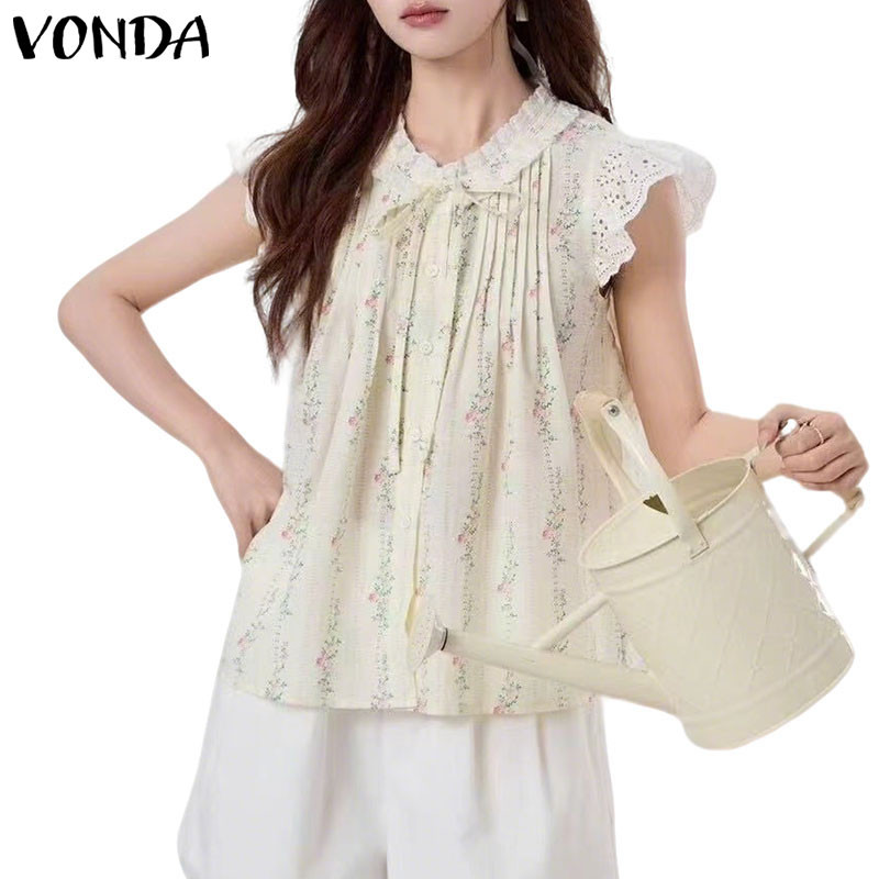 VONDA เสื้อผ้าสไตล์เกาหลีสำหรับผู้หญิง ดีไซน์ girly sweet กับลูกไม้ lace-up และการตัดเย็บลายพิมพ์ทัน