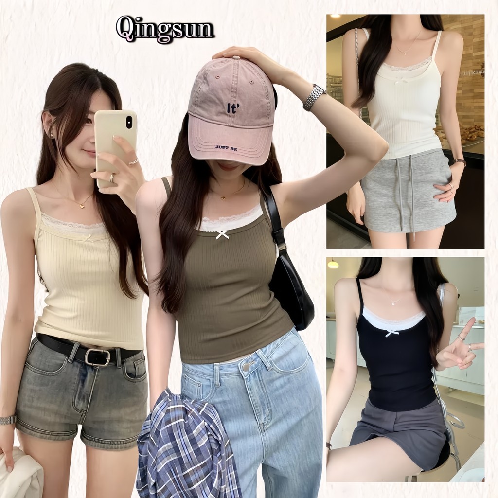หลากสี เสื้อสายเดี่ยวคอกลม มีฟองน้ำ ดีเทลแต่งขอบลูกไม้ ผ้านุ่มนิ่มติดโบว์  "FY2109-P"🌻Qingsun