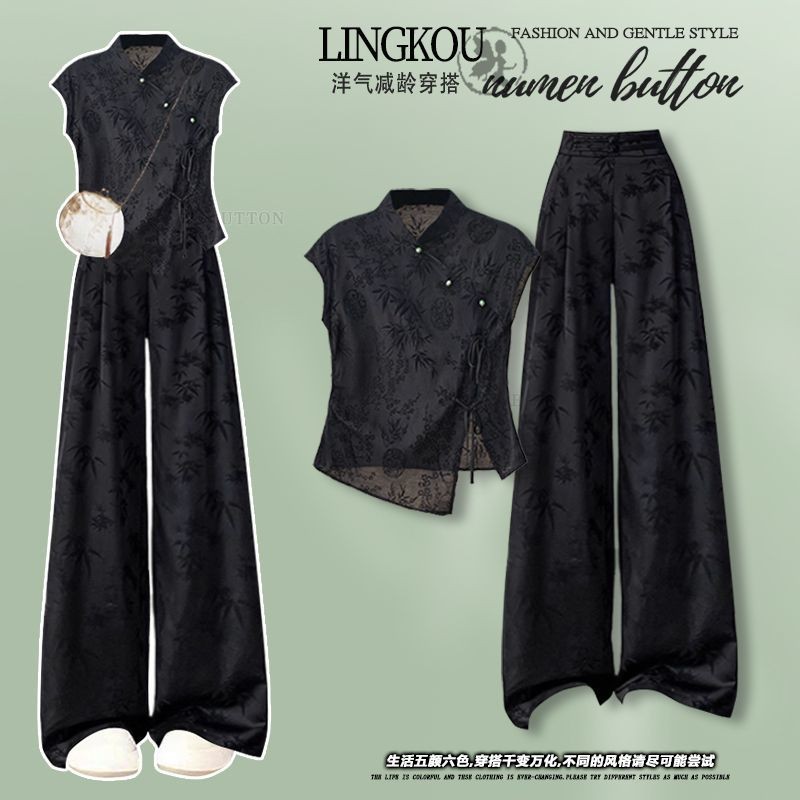 ชุดย้อนยุคสไตล์จีนสำหรับผู้หญิง สวมใส่สบาย กางเกงลายไม้ไผ่ พิมพ์สวยงาม