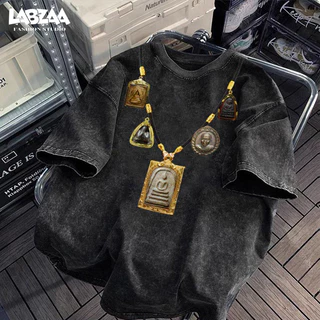 LABZAA วินเทจฟอกน้ำ🌟เสื้อยืดแขนสั้นคอกลม ลายพระพุทธรูปห้อยคอ ผ้าฝ้าย ระบายอากาศ นุ่มใส่สบาย YG1266