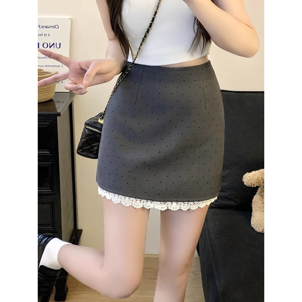 รุ่นยอดฮิต Short polka dot skirt กระโปรงขาสั้น กระโปรงลายจุด แต่งลูกไม้ สาวไซซ์เล็ก สาวอวบใส่ได้ รูปที่ 4