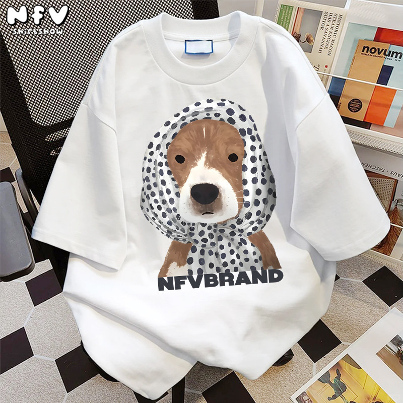 NFV แฟชั่นเกาหลี🌟เสื้อยืด ลายพิมพ์หมาพันผ้าพันคอหัว oversize ใส่สบายไม่รัดตัว ทรงหลวม ผ้าฝ้ายแท้ YG0 - รูปที่ 3