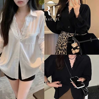 เสื้อเชิ้ตแขนยาว คอวี ลายลูกไม้ ดีไซน์ทันสมัย