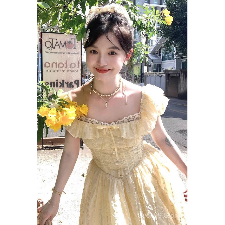 [KPI1]เดรสคอเหลี่ยม A-Line แขนพัฟ สีเหลืองพาสเทล สไตล์ฝรั่งเศสหวาน อ่อนเยาว์และผู้หญิง