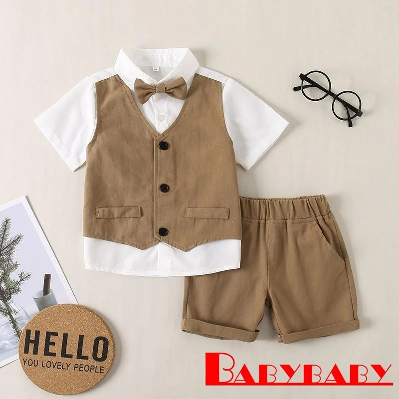 ชุดเด็กชาย Bab-Kids แบบสุภาพชน_patchwork bow tie blazers กับกางเกงขาสั้น ชุดสองชิ้นสีเรียบ
