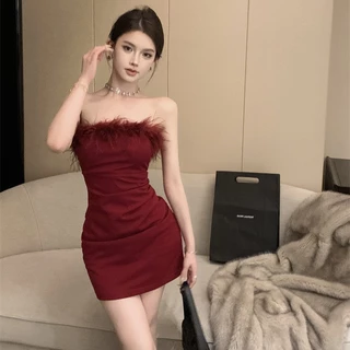 Cilset🛒พร้อมส่ง🎀ชุดมินิเดรส สีดำ ไม่มีฟองน้ำ ดีเทลแต่งขนมุงมิ้ง สง่างาม เดรสออกงาน สไตล์เกาหลี /FY2490