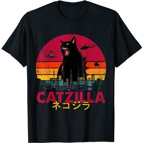 เสื้อยืดสีดําญี่ปุ่น Catzilla Vintage Sunset ผู้ใหญ่