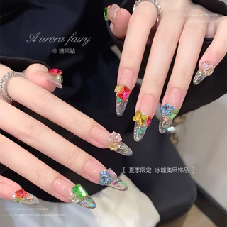 30 ชิ้นสี Candy โซดาแต่งเล็บเพชรสามมิติผสมสีโปร่งใสด้านล่างชี้ Love Heart Rock Candy เล็บรูปทรงพิเศษ