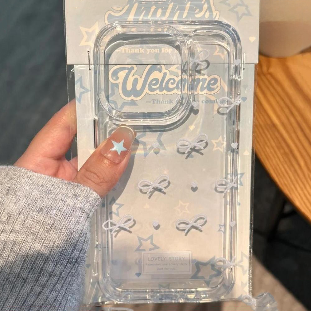 🔥GOOD🔥For iPhone 16 เคสใส ปุ่มชุบไฟฟ้าอ่อนป้องกันกล้องกันกระแทก โบว์สีฟ้าน่ารัก For iPhone 14 13 15 16 11 12 Pro Max