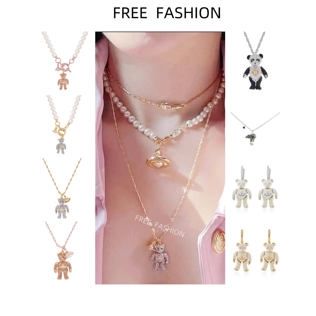 สร้อยคอมุกRose Gold พร้อมจี้หมีVivieBear และสัญลักษณ์Saturn หรูหรา เครื่องประดับพิเศษ