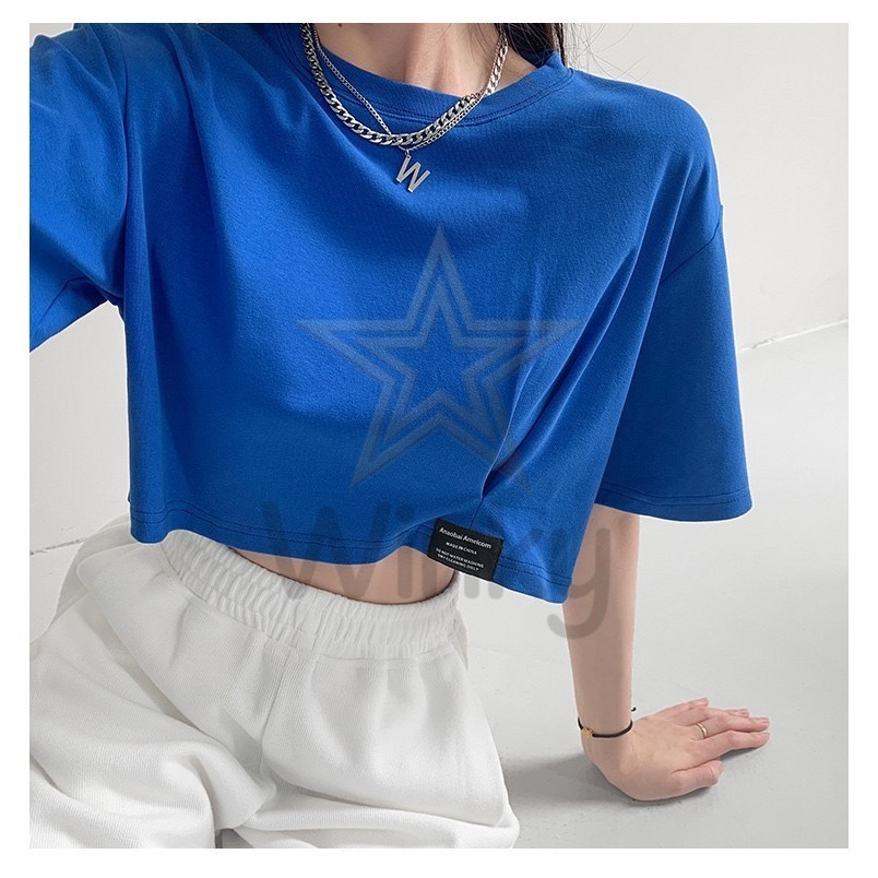 เสื้อครอปแขนสั้นผู้หญิง ฟรีไซส์ ทรงหลวม ผ้ายืดนุ่ม สไตล์เกาหลี ใส่สบาย แมตช์ง่าย