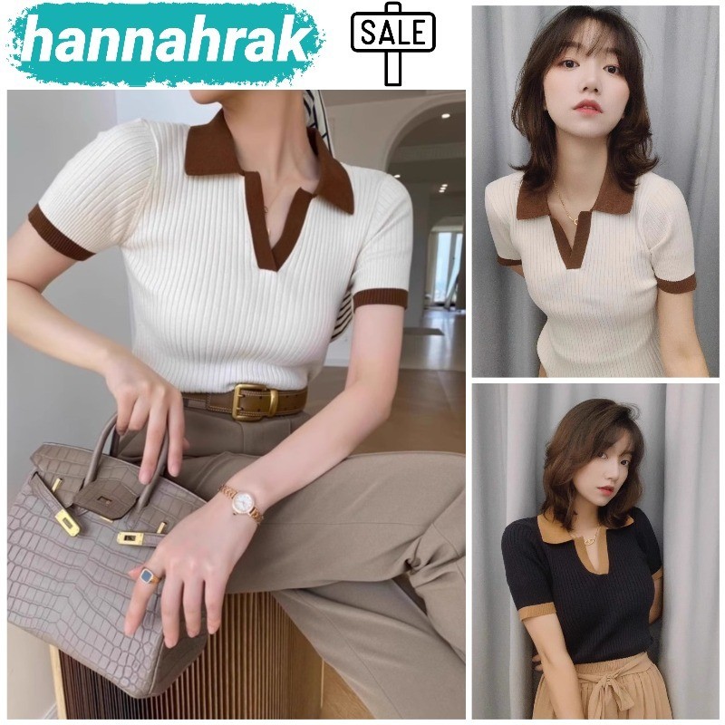 (ส่งจากกรุงเทพฯ)เสื้อโปโลผู้หญิงสีตัดกันถัก Retro สไตล์ใหม่ทุกการแข่งขันแขนสั้น คอวีลึก สไตล์ลำลอง มี 3 สีให้เลือก