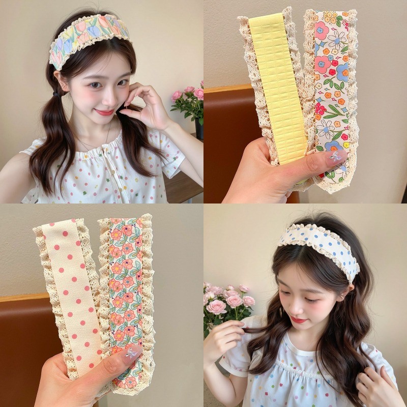 แถบคาดศีรษะแฟชั่นเกาหลีสำหรับเด็กสาว ลายดอกไม้แบบถัก Velcro สติกเกอร์ประดับผม