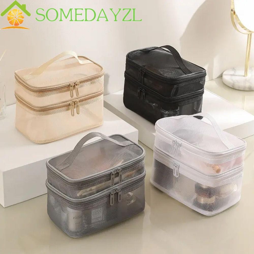 Somedayzl กระเป๋าเครื่องสําอาง ผ้าตาข่าย มีซิป สองชั้น 1/2/3 ชั้น แบบพกพา กระเป๋าเครื่องสําอาง ล้างได้ มุมมอง ผู้หญิง
