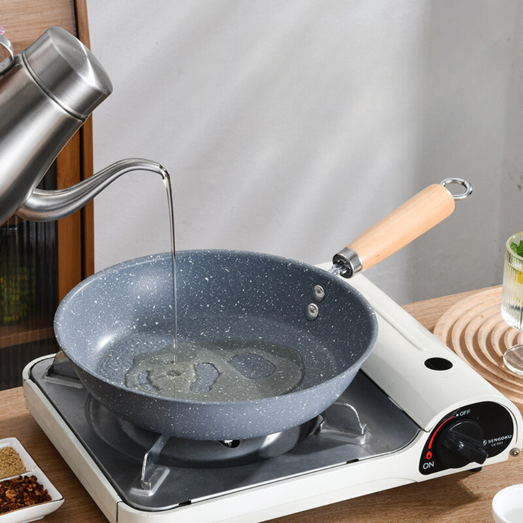 กระทะ เทฟล่อน ลายหินอ่อน ด้ามไม้ B0148 3ขนาด กระทะสไตล์วินเทจ ของใช้ในครัว กระทะ ก้นลึก ทอด ผัด ต้ม - รูปที่ 5